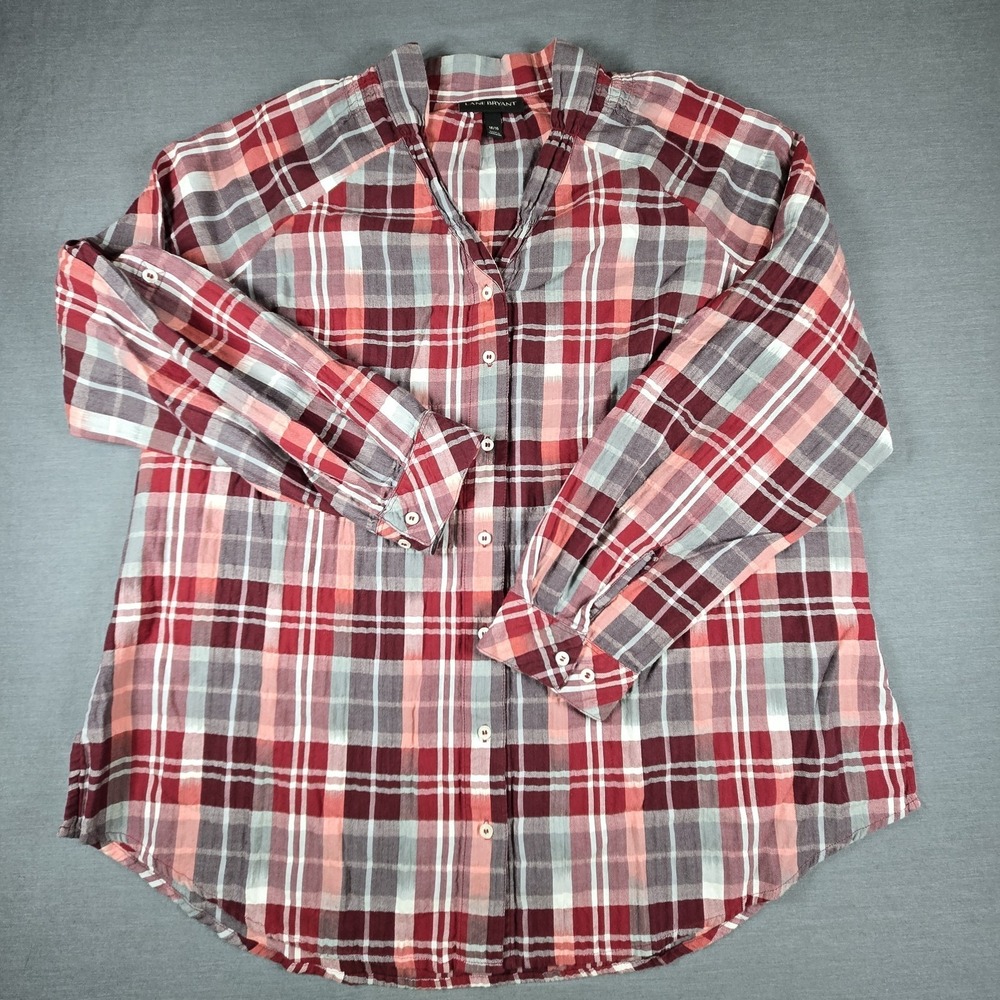 Lane Bryant Plaid Shirt Size 14/16 Plus Roll Tab Red Gray Cottagecore Classic